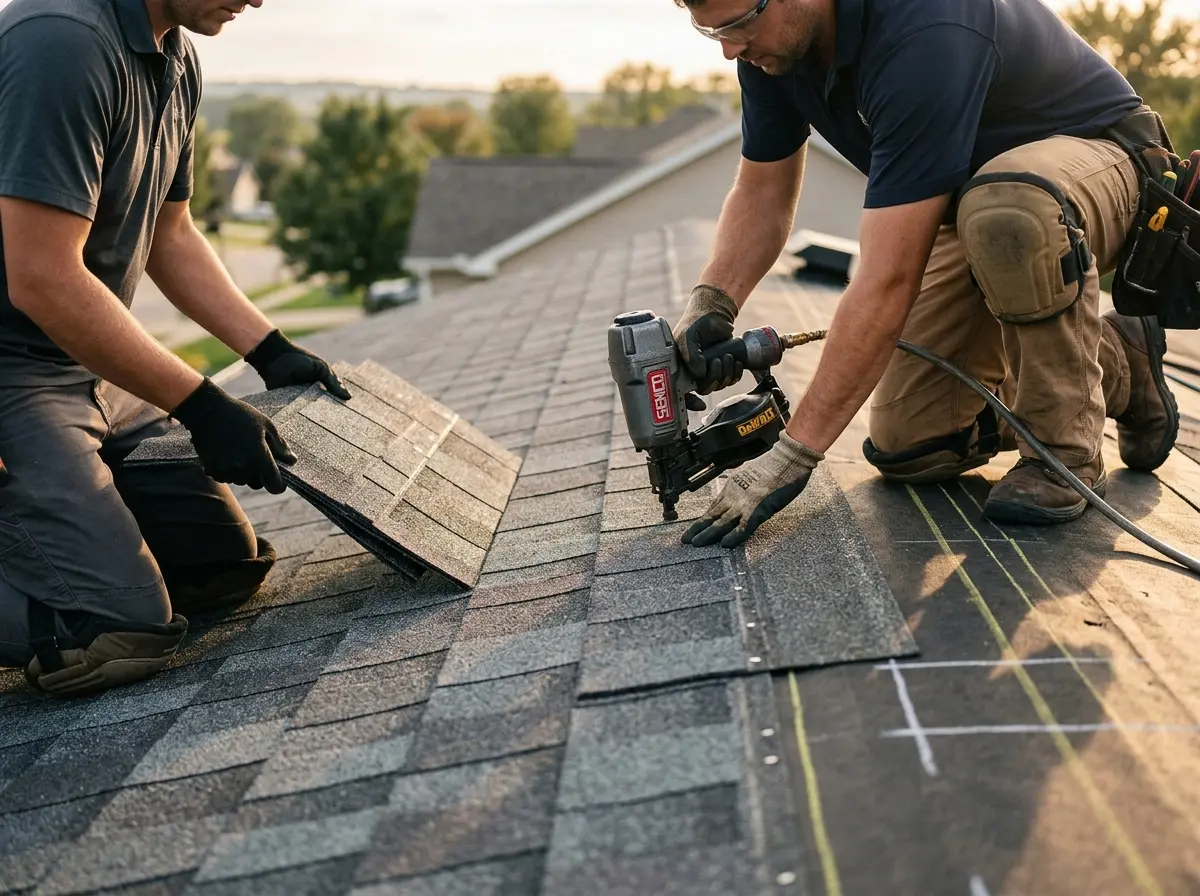Professional roofer working on a residential roof in Orchard Homes